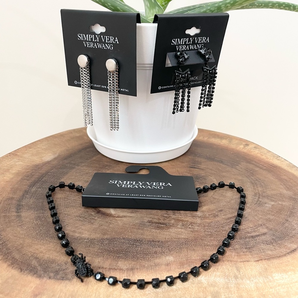 MSimply Vera 50% recycled metal black silver earrings black spider necklace